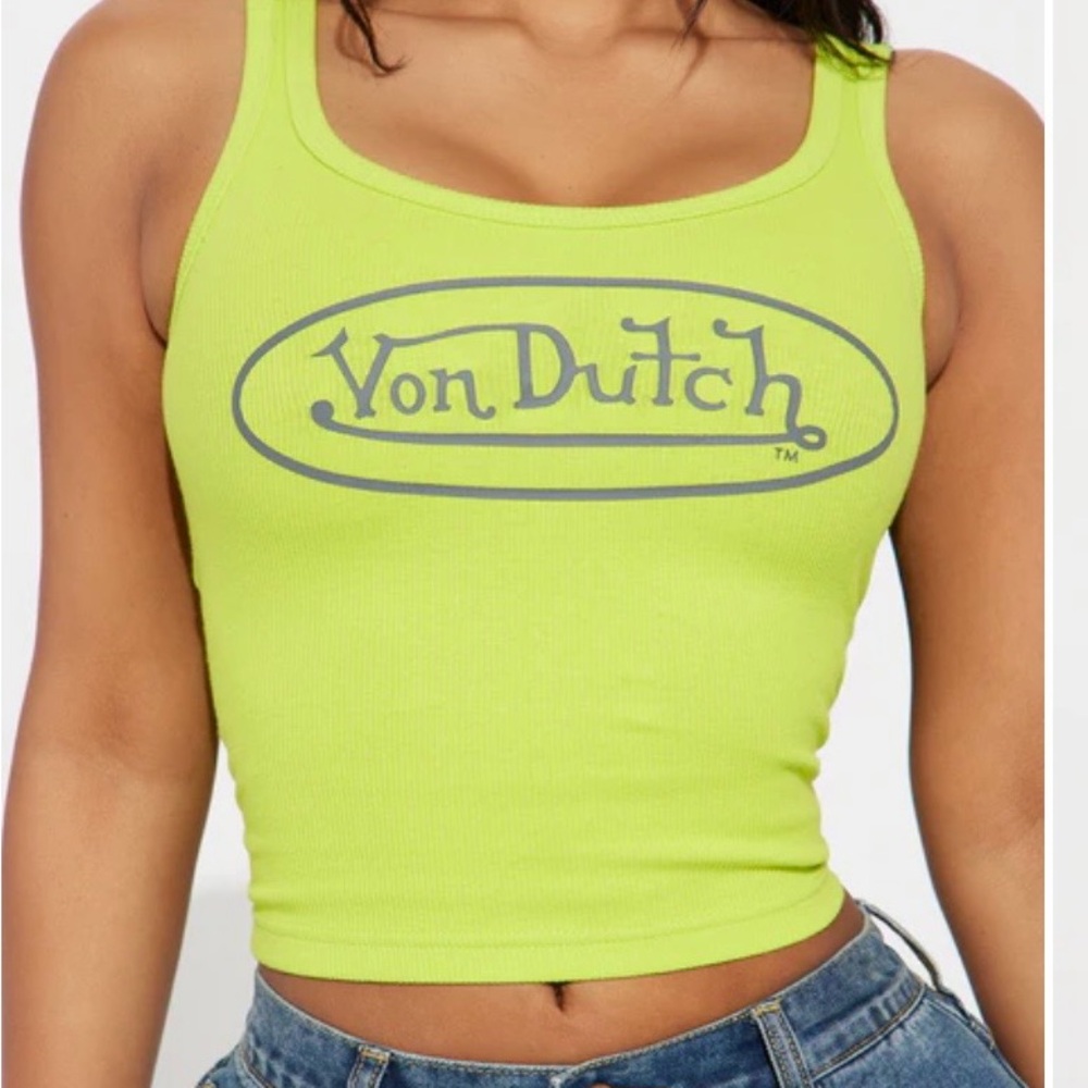 ⭐️Von Dutch Women’s Neon Lime Logo Ribbed Tank Top S⭐️